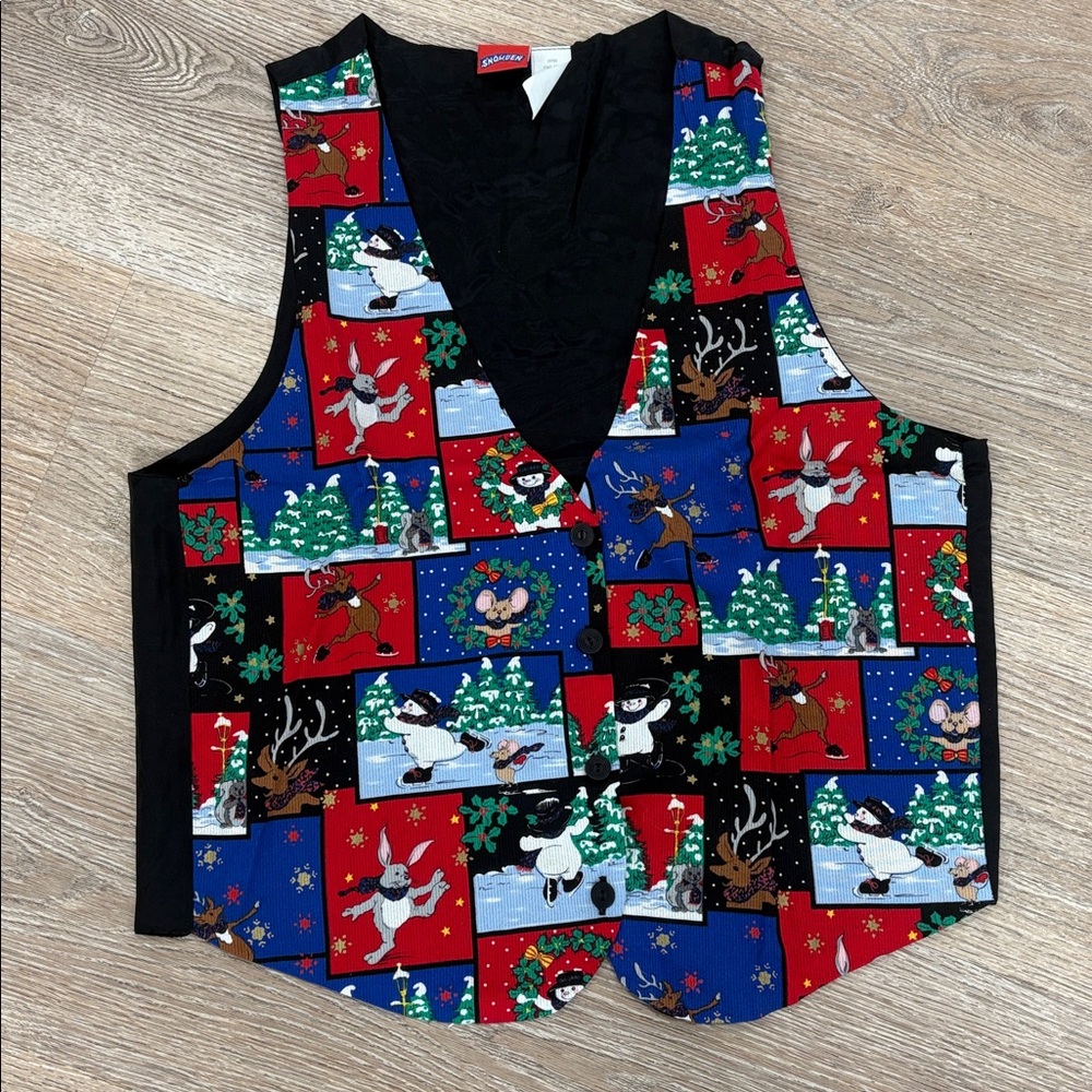 Vintage Snowden Christmas Vest Holiday Snowman Reindeer Print Size‎ Large